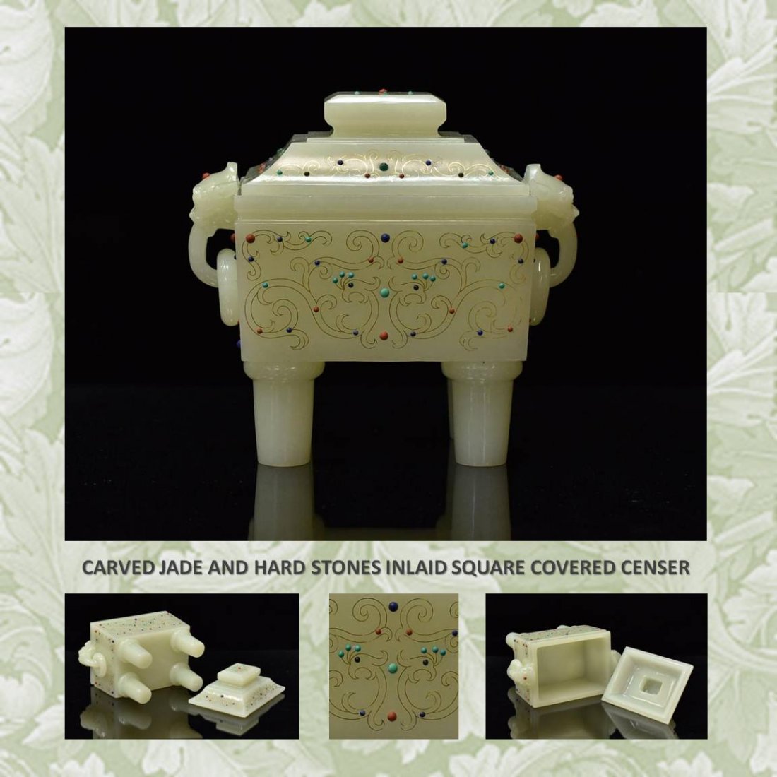 CARVED JADE AND HARD STONES INLAID COVERED CENSER (1 of 10)