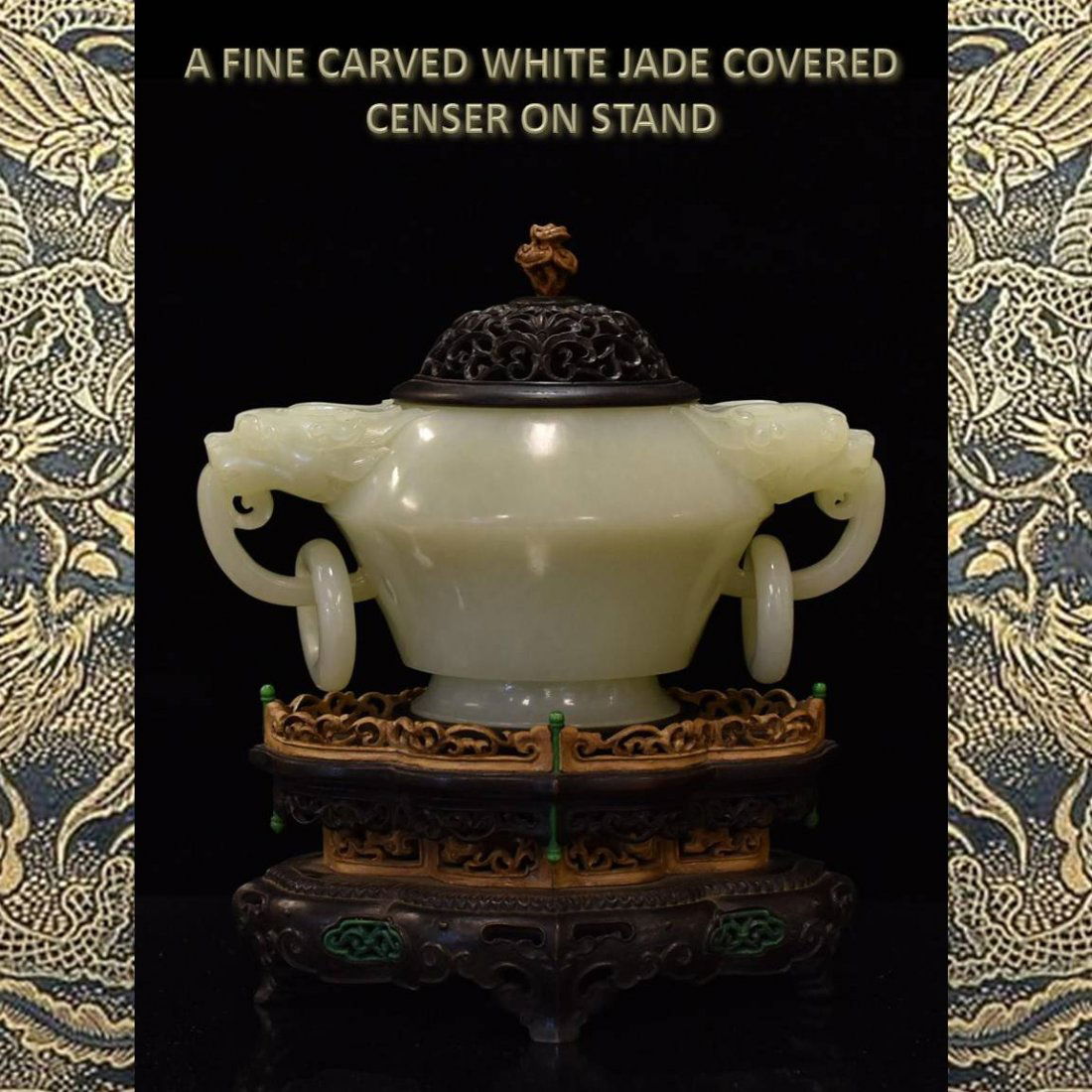 A FINE CARVED WHITE JADE COVERED CENSER ON STAND (1 of 10)