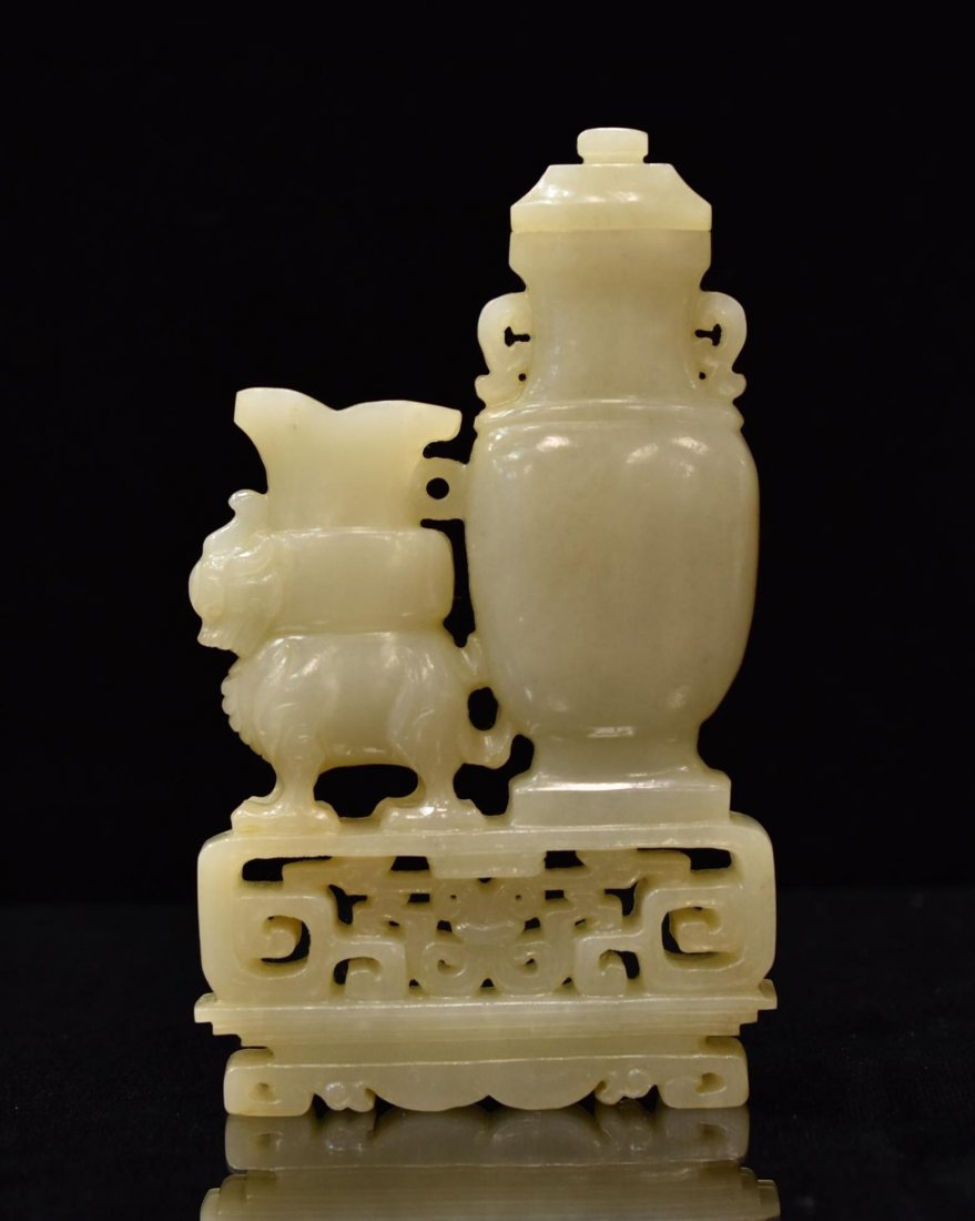 CARVED JADE OF DOUBLE VASE UPON FOO DOG (1 of 6)