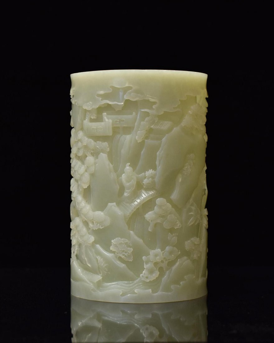 CARVED JADE BRUSH POT OF MOUNTAIN LIFE SCENE (1 of 10)