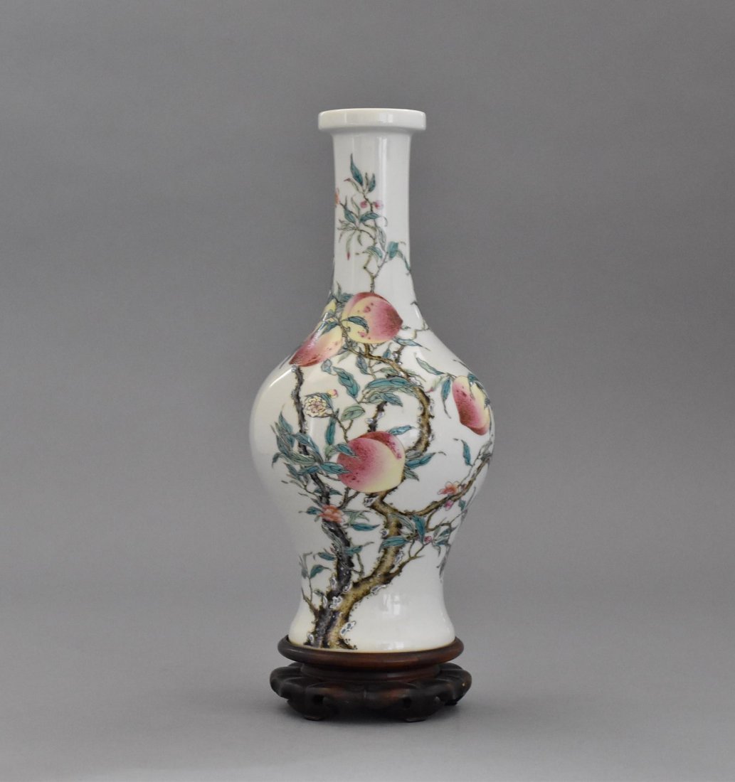 PEACH DECORATED WILLOW LEAF PORCELAIN VASE ON STAND (1 of 9)