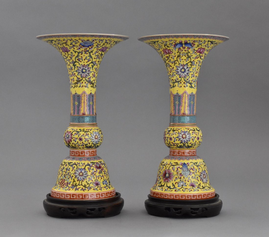 PAIR OF FAMILLE JAUNE LOTUS GU VASE ON STANDS (1 of 10)