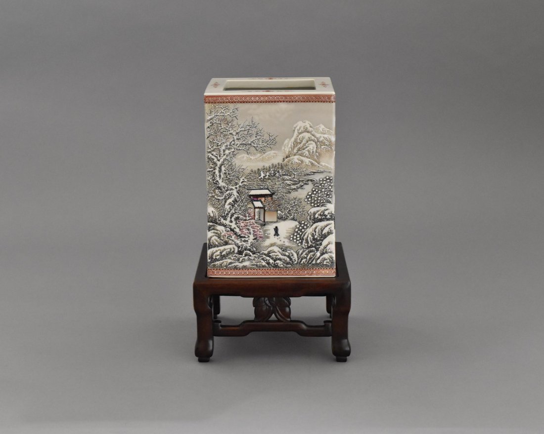 20TH C. WINTER SCENE SQUARE PORCELAIN BRUSH POT (1 of 10)