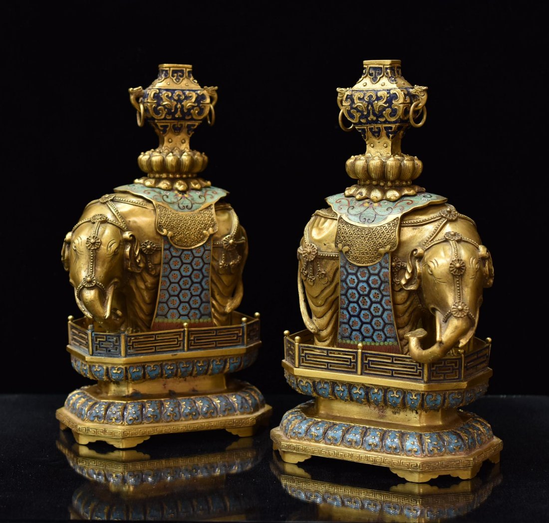PAIR OF GILT BRONZE AND CLOISONNE ELEPHANTS (1 of 10)