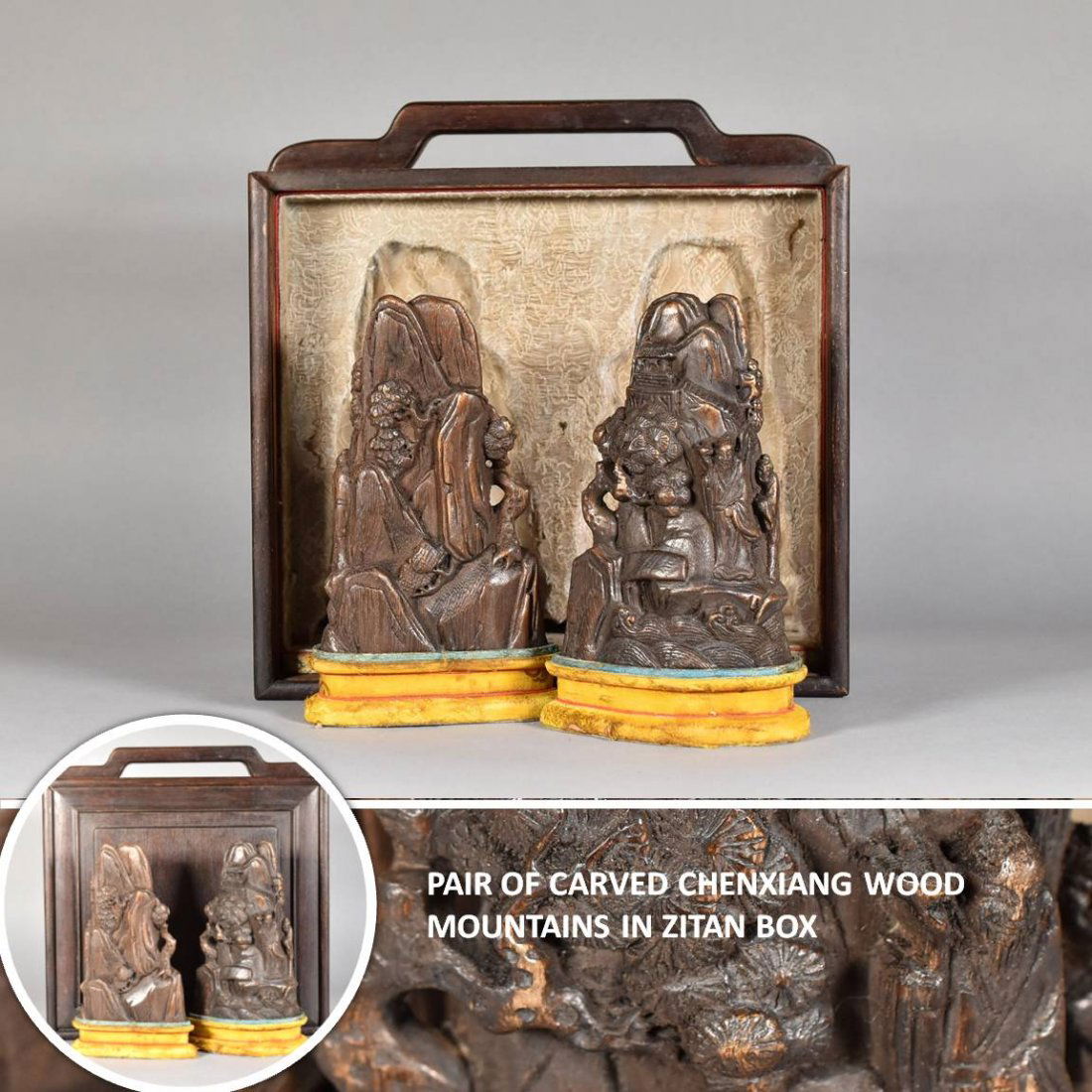 PAIR OF CARVED CHENXIANG WOOD MOUNTAINS IN BOX (1 of 10)