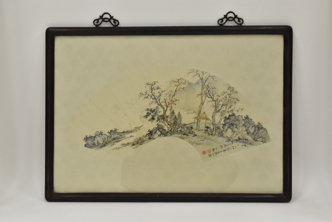 FRAMED CHINESE WATERCOLOR FAN PAINTING OF WATERSIDE (1 of 7)