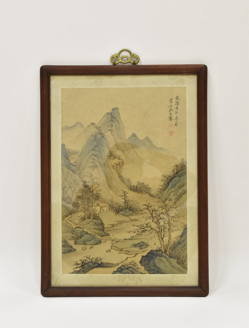 FRAMED CHINESE WATERCOLOR PAINTING OF SHANSHUI: Chinese watercolor painting, depicted 'shanshui' panoramic scene of waterside within misty mountainous landscape. Showing themed poem inscription on top corner, followed by an iron-red signature seals
