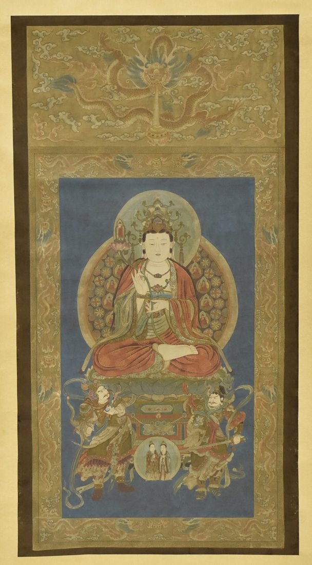 CHINESE WATERCOLOR SILK PAINTING THANGKA: Antique Kesi ThangKa of bodhisattva figure of Avalokiteshvara in manifestation of GuanYin, seated on full lotus position upon lotus throne, with aura chakra nimbus surrounding the body, two heavenly g