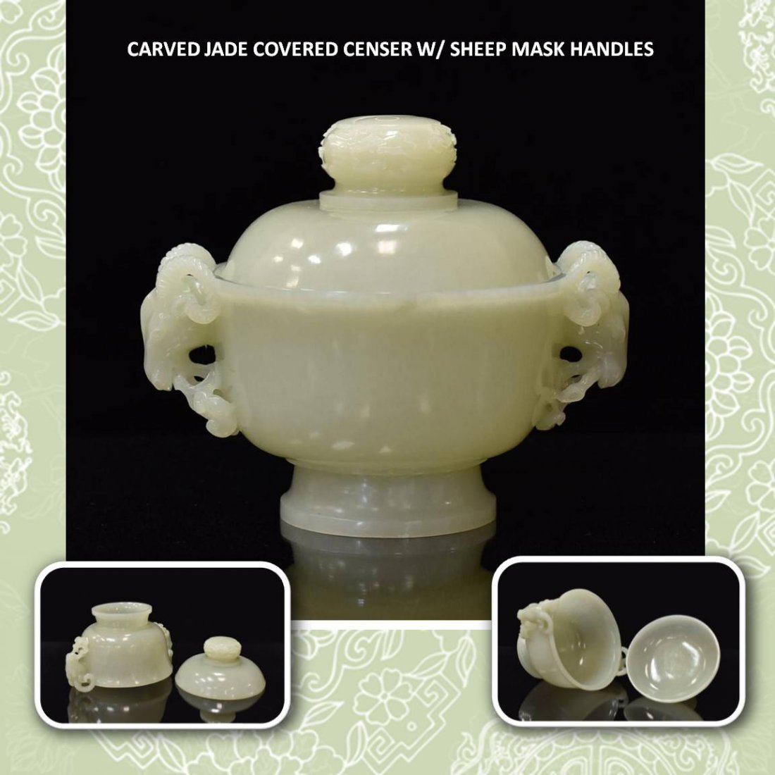 CARVED JADE COVERED CENSER W/ SHEEP MASK HANDLES (1 of 10)