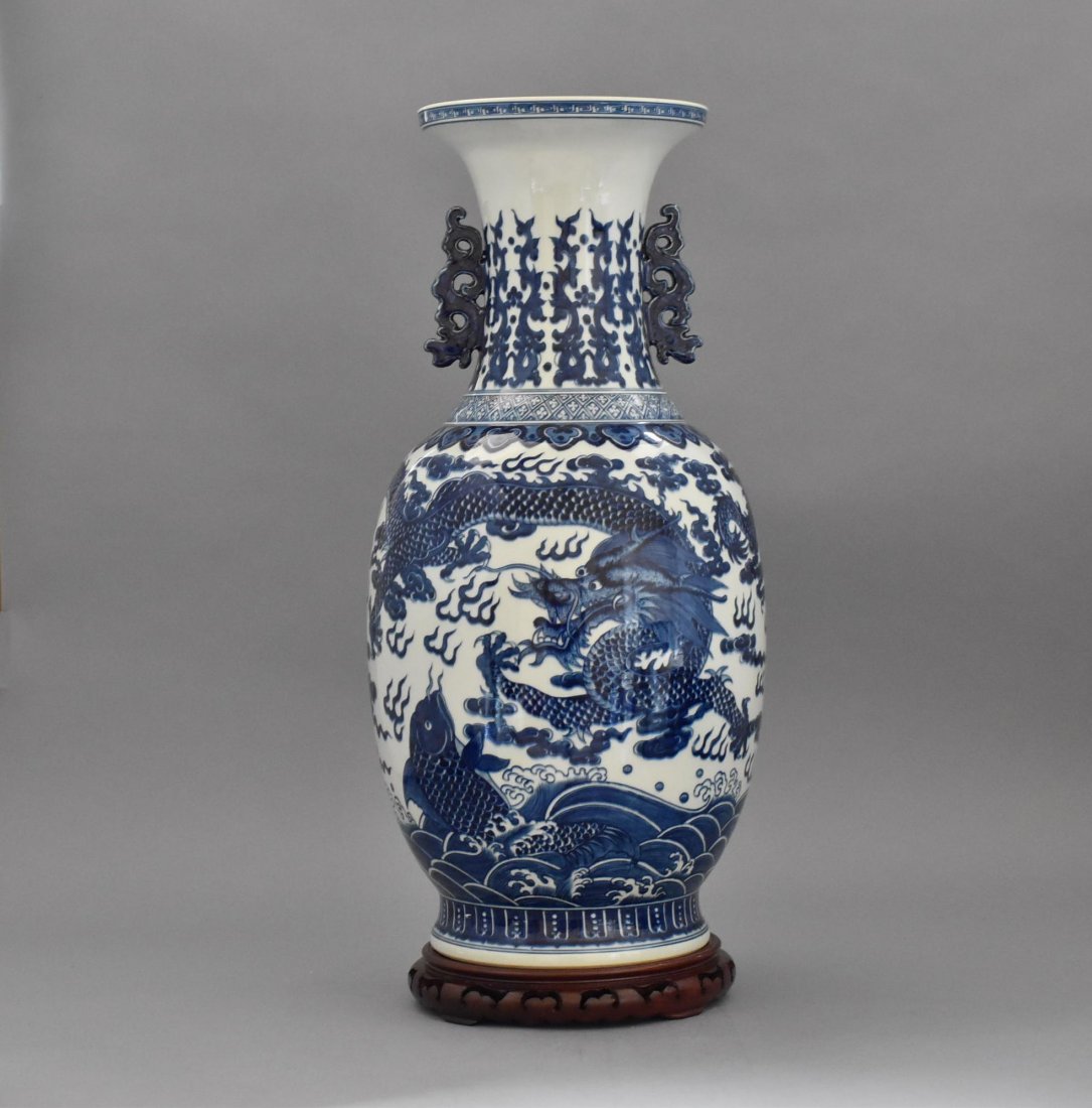 LARGE BLUE AND WHITE DRAGON VASE W/ STAND (1 of 10)