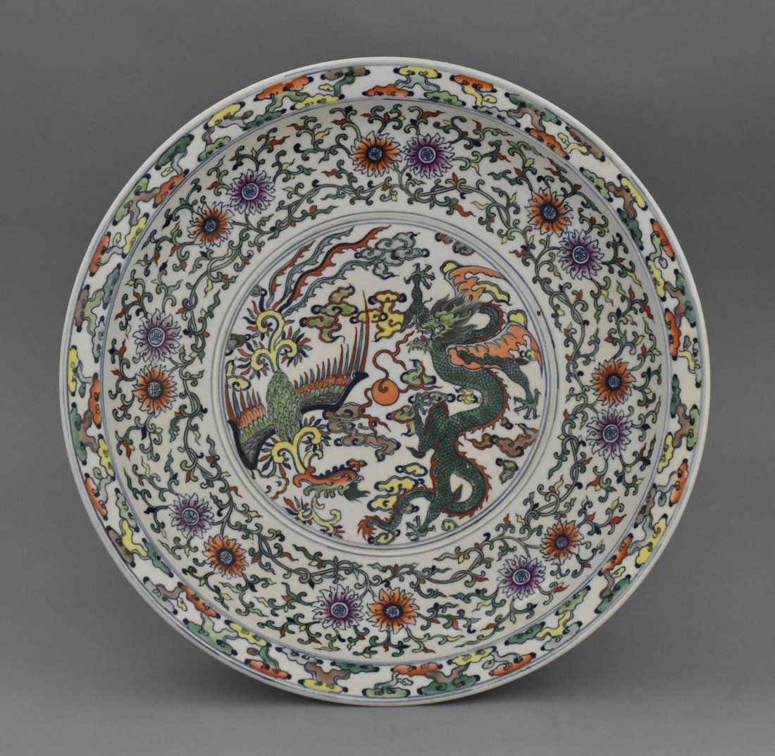 FINE YONGZHENG DOUCAI DRAGON & PHOENIX CHARGER (1 of 10)