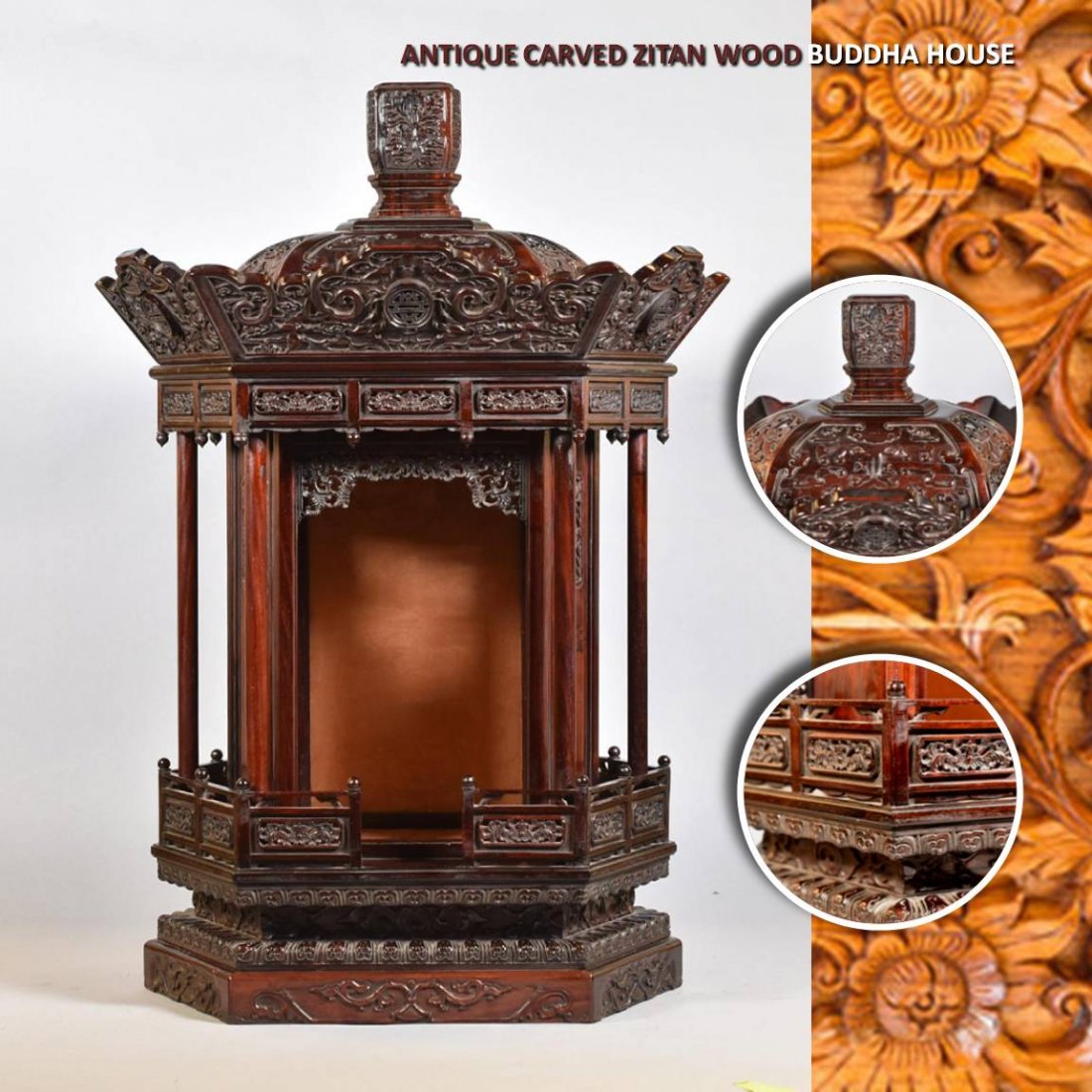 ANTIQUE CARVED ZITAN WOOD BUDDHA HOUSE (1 of 10)