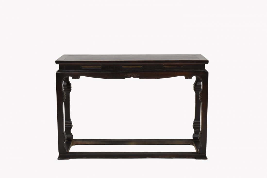 CARVED ZITAN WAISTED ALTAR TABLE WITH JOINED STRETCHERS: Antique Chinese zitan Altar Table, very dense hardwood throughout, with curved spandrel flanked to the top legs beneath the waisted apron. The frame is supported on beaded legs of square section joine