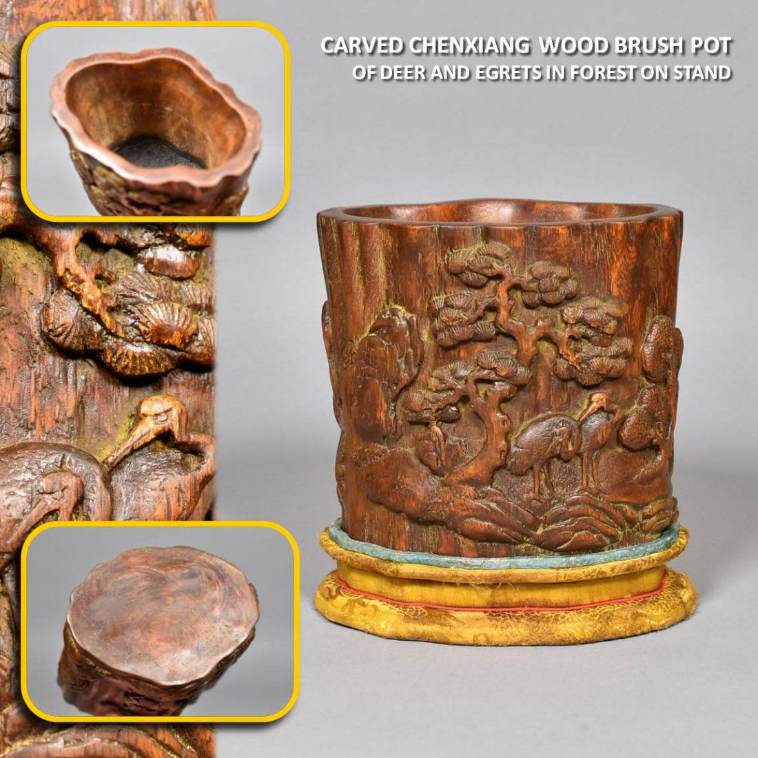 CARVED CHENXIANG WOOD BRUSH POT OF DEER AND EGRETS (1 of 10)