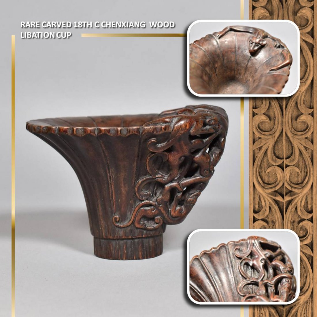 RARE CARVED 18TH C CHENXIANG WOOD LIBATION CUP (1 of 10)