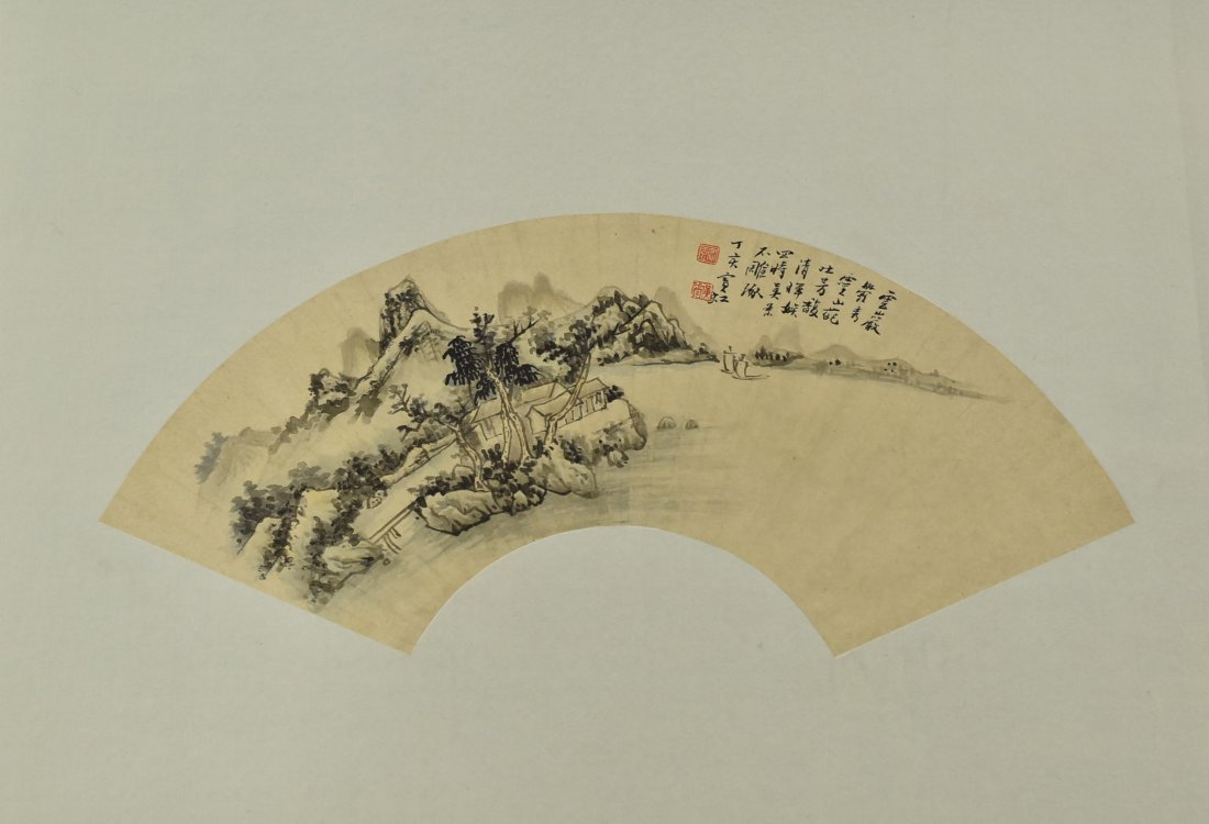 CHINESE FAN PAINTING OF SHANSHUI PANORAMIC: A Chinese watercolor fan painting, depicting a waterside landscape beneath misty mountain scene. Bordered with pale-blue-grayish matting. Dimension: 26" L x 17-3/8" W