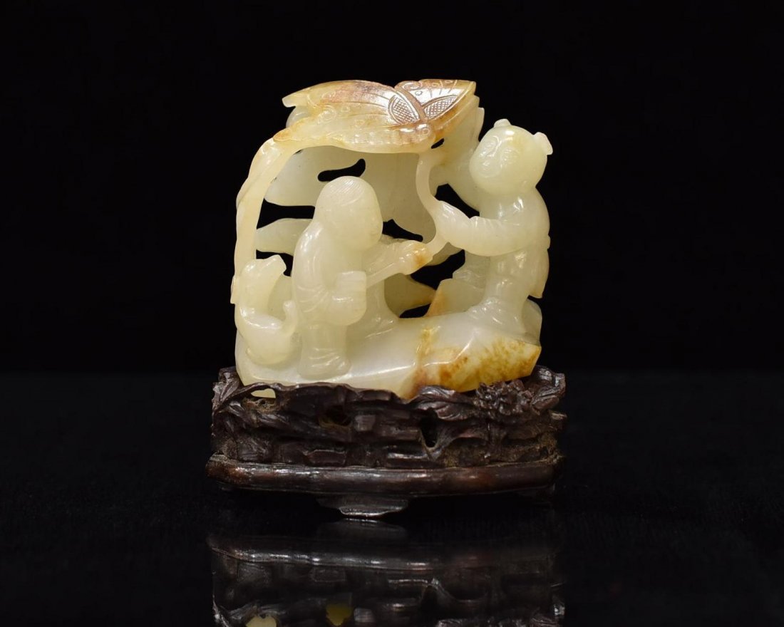 CARVED WHITE JADE OF TWO FIGURE BENEATH TREE (1 of 9)