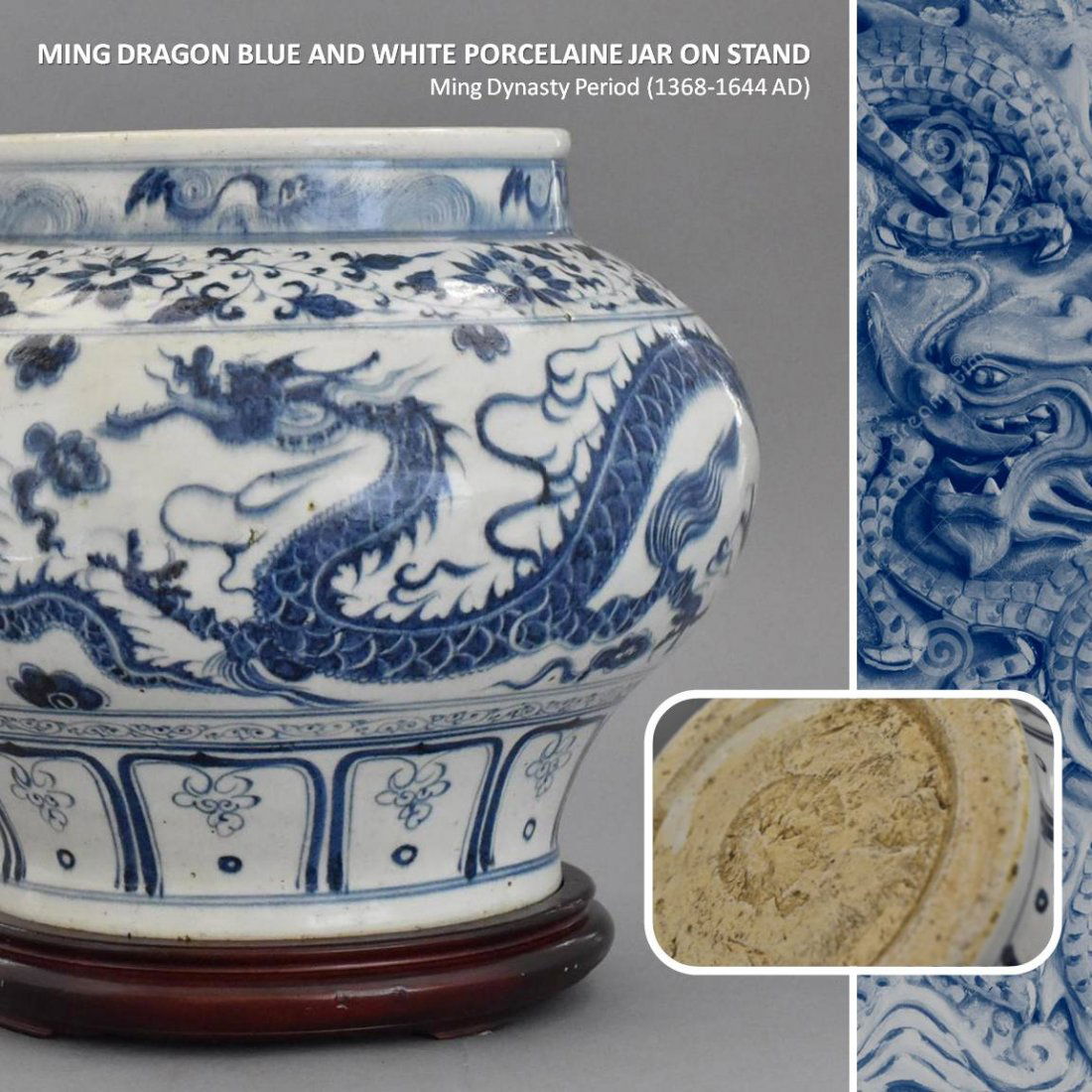 MING DRAGON BLUE AND WHITE JAR ON STAND (1 of 10)