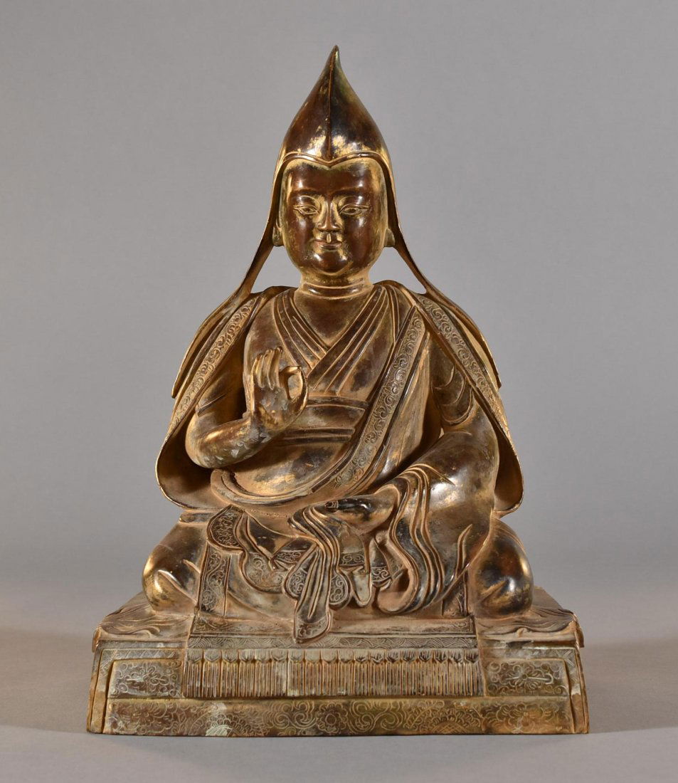 A 12" SINO-TIBETAN GILT-BRONZE FIGURE OF TSONGKHAPA (1 of 8)