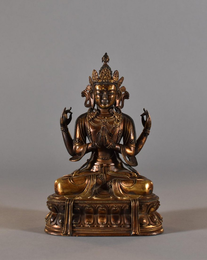 EARLY QING DYNASTY SEATED GILT BRONZE FOUR ARMS BUDDHA (1 of 10)
