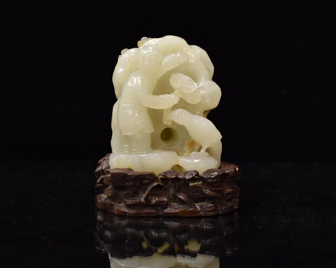 CARVED JADE OF FIGURE WITH LONG-TAILED BIRD (1 of 8)