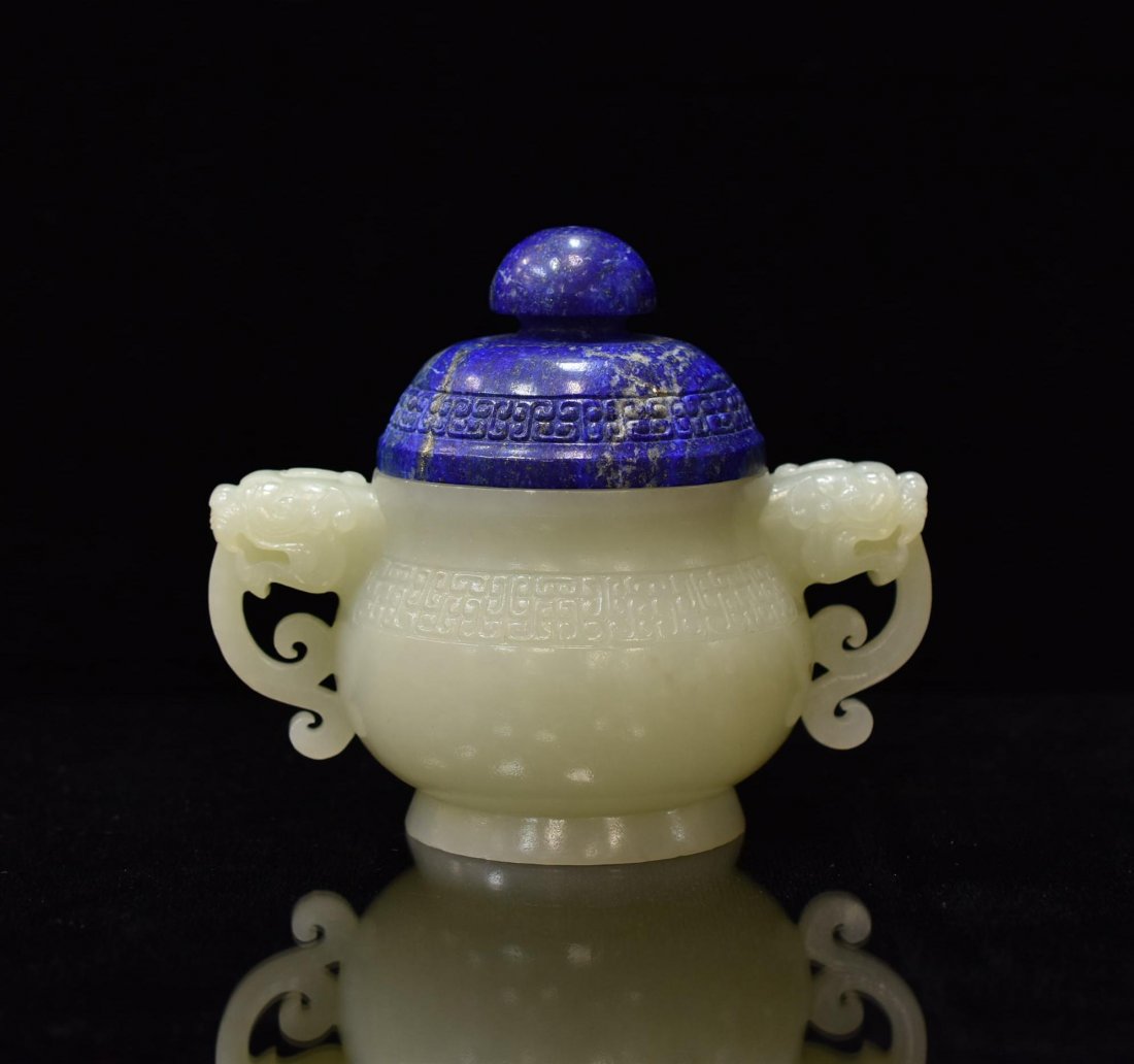 FINE CARVED WHITE JADE W/ LAPIS COVERED CENSER (1 of 7)