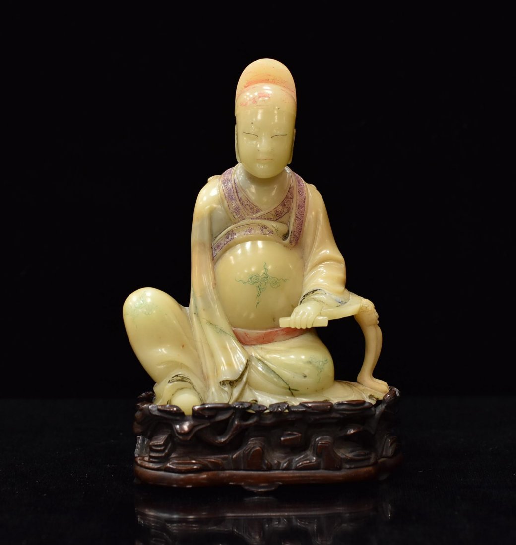 CARVED SEATED LUOHAN SOAPSTONE ON STAND (1 of 8)