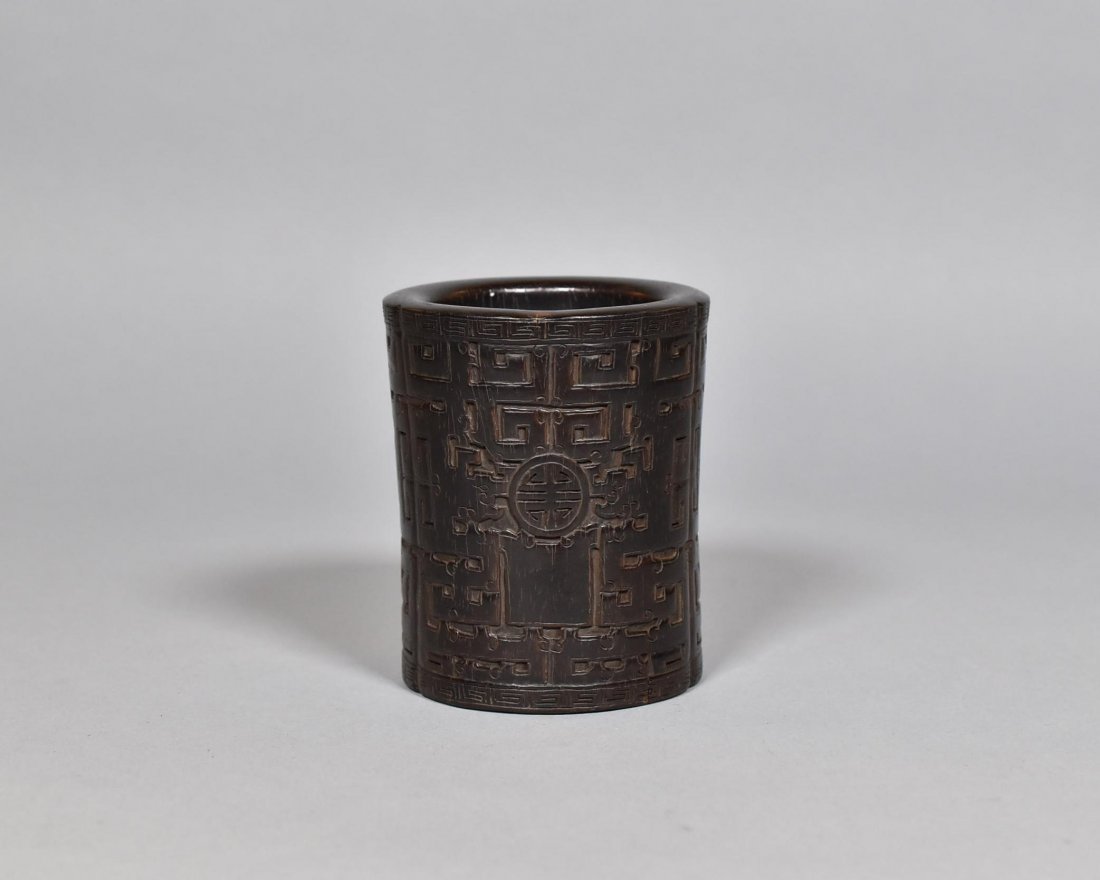 ARCHAIC PATTERN CARVED ZITAN BRUSH POT (1 of 9)