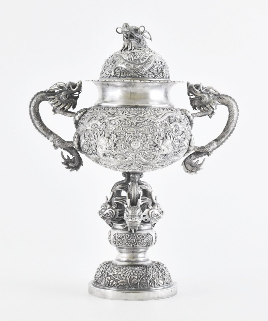 19TH C. CHINESE EXPORT SILVER REPOUSSED DRAGONS GOBLET (1 of 10)