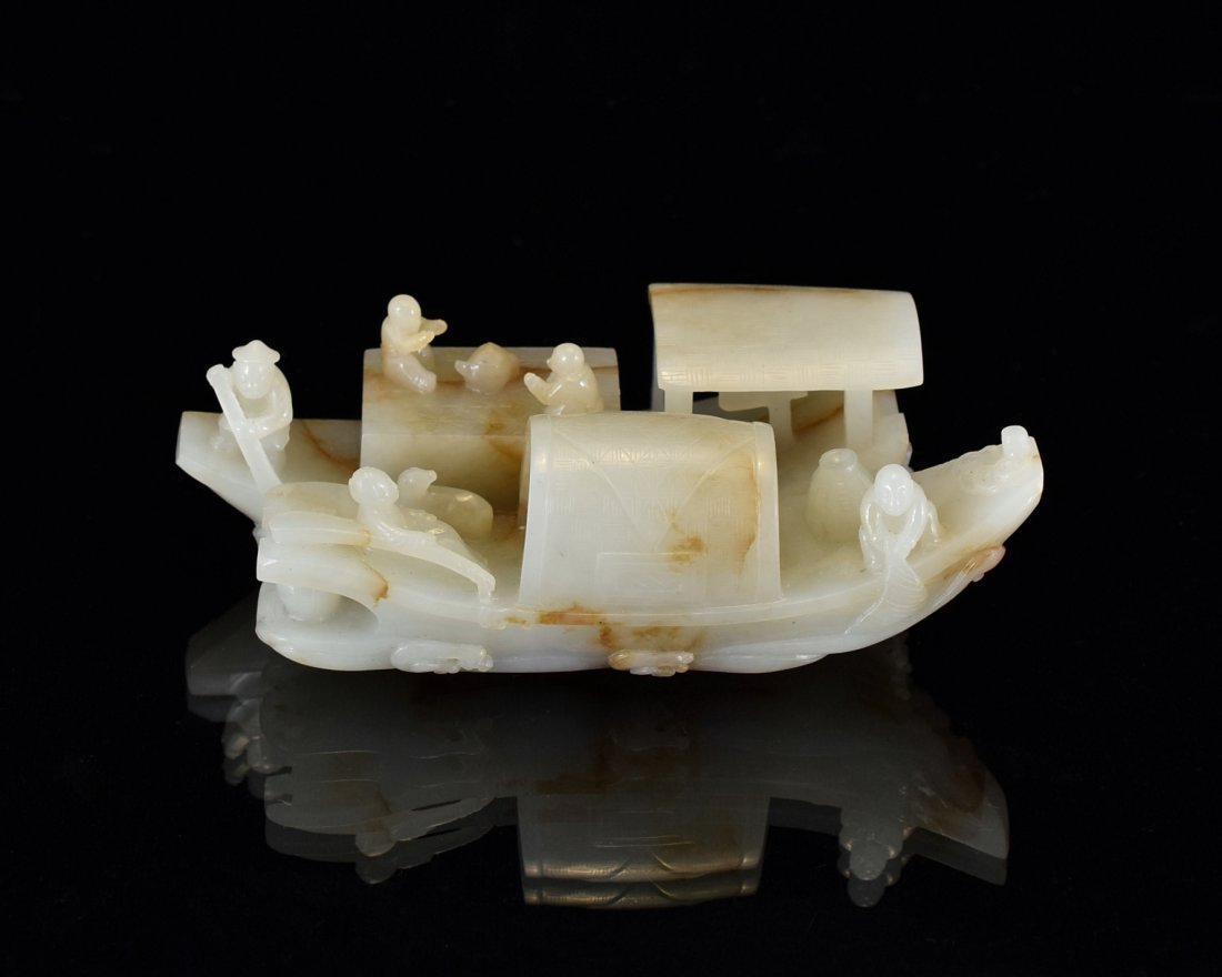 A CARVED CHINESE JADE RECUMBENT DOUBLE BOATS (1 of 10)
