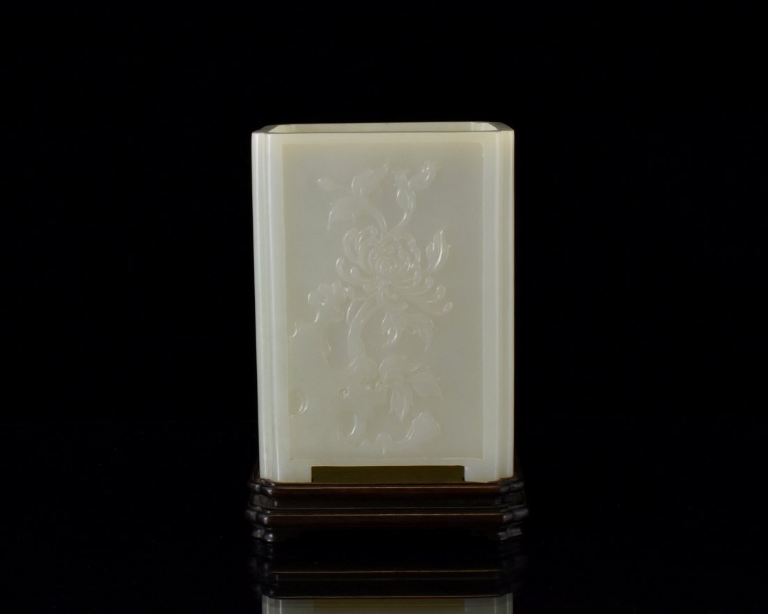 CARVED GRAYISH-CELADON CHINESE JADE SQUARE BRUSH POT ON (1 of 9)