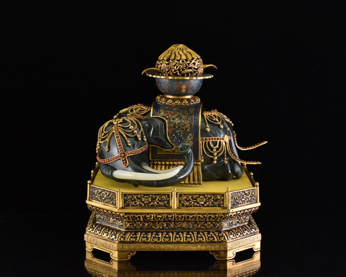 LARGE SPINACH-GREEN JADE ELEPHANT AND GILT BRONZE (1 of 10)