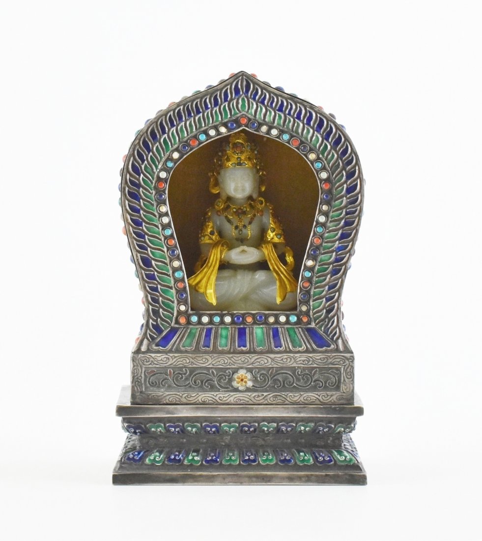 SINO-TIBETAN SILVER AMULET BOX WITH GILT ORNATE JADE (1 of 10)