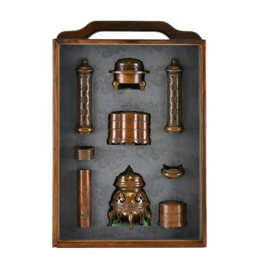 RARE, SET OF 9 PCS BRONZE INCENSE BURNER IN BOX: RARE, IMPORTANT, QING DYNASTY, SET OF 9 PCS BRONZE CHINESE INCENSE BURNER IN ORIGINAL WOODEN BOX. Comprised of 9 (nine) pieces finely casted bronze vessel of various Chinese Incense Burners. Consist o
