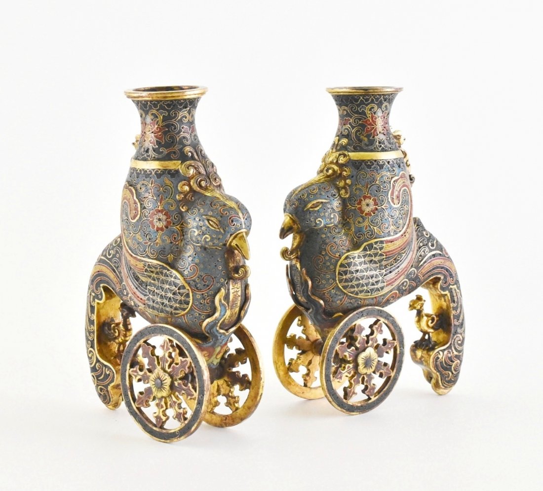 PAIR OF CLOISONNE ENAMEL ARCHAISTIC 'WHEELED' PHOENIX (1 of 8)