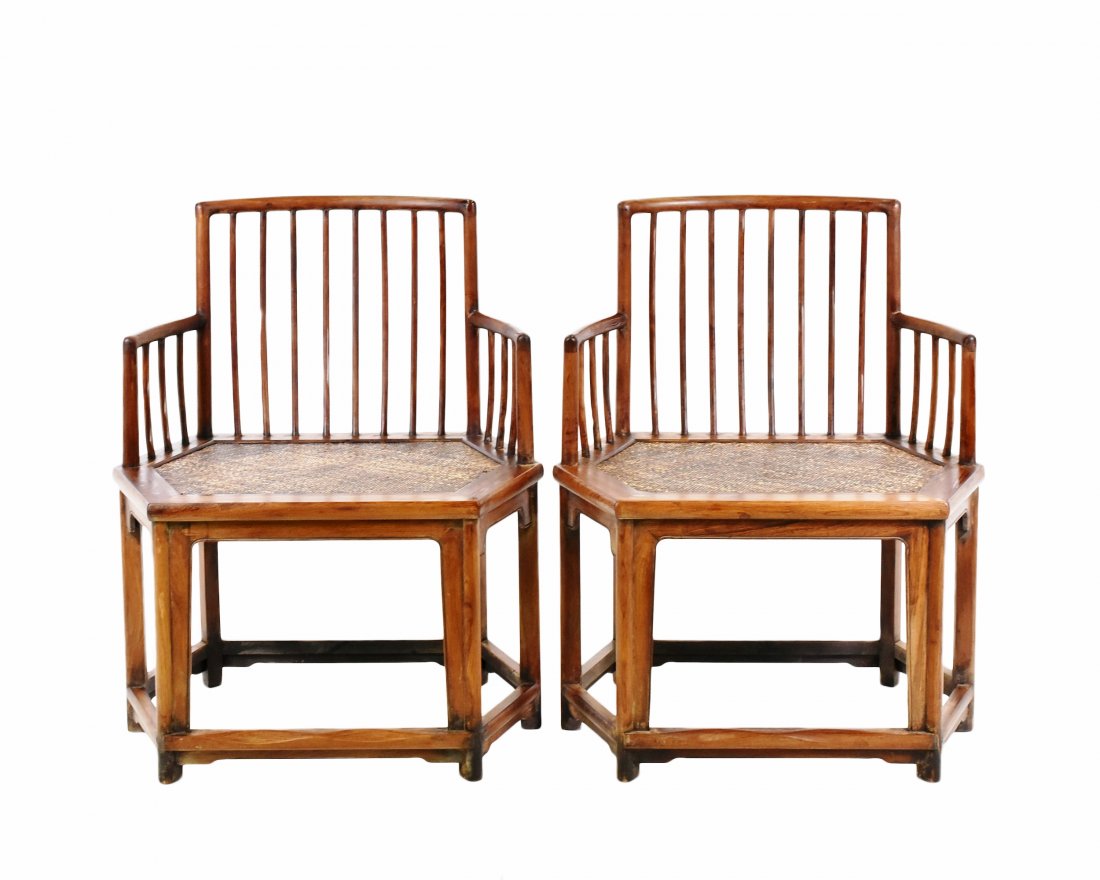PAIR OF HUANGHUALI HEXAGONAL ARMCHAIRS WITH WOVEN SEAT (1 of 8)