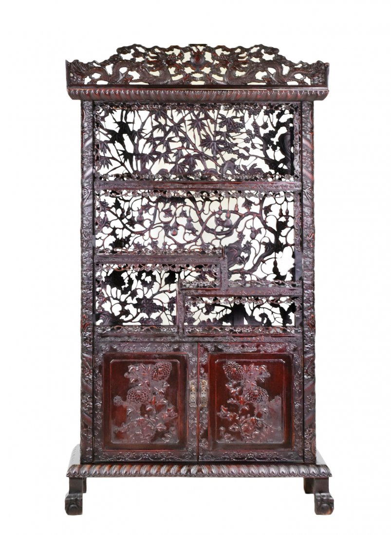 CARVED CHINESE EBONY HARDWOOD CURIO CABINET (1 of 10)