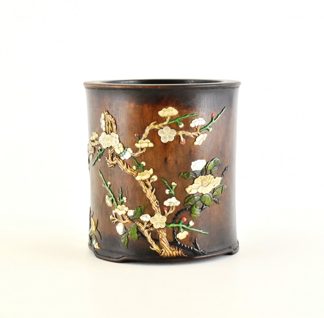SEMI-PRECIOUS HARD-STONES INLAID HUANGHUALI BRUSH POT (1 of 10)