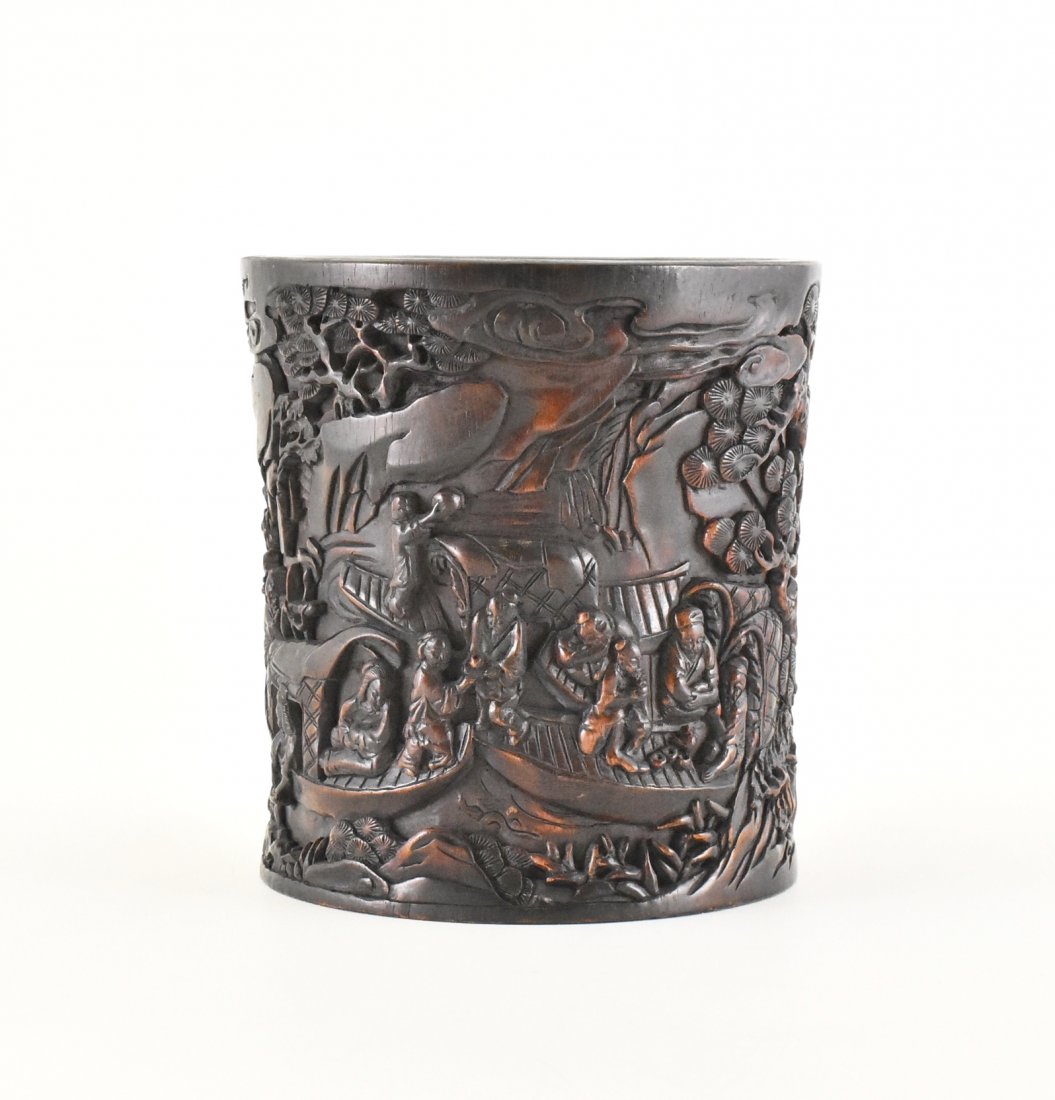 CARVED ZITAN BRUSH POT WITH FISHERMAN MOTIF (1 of 10)