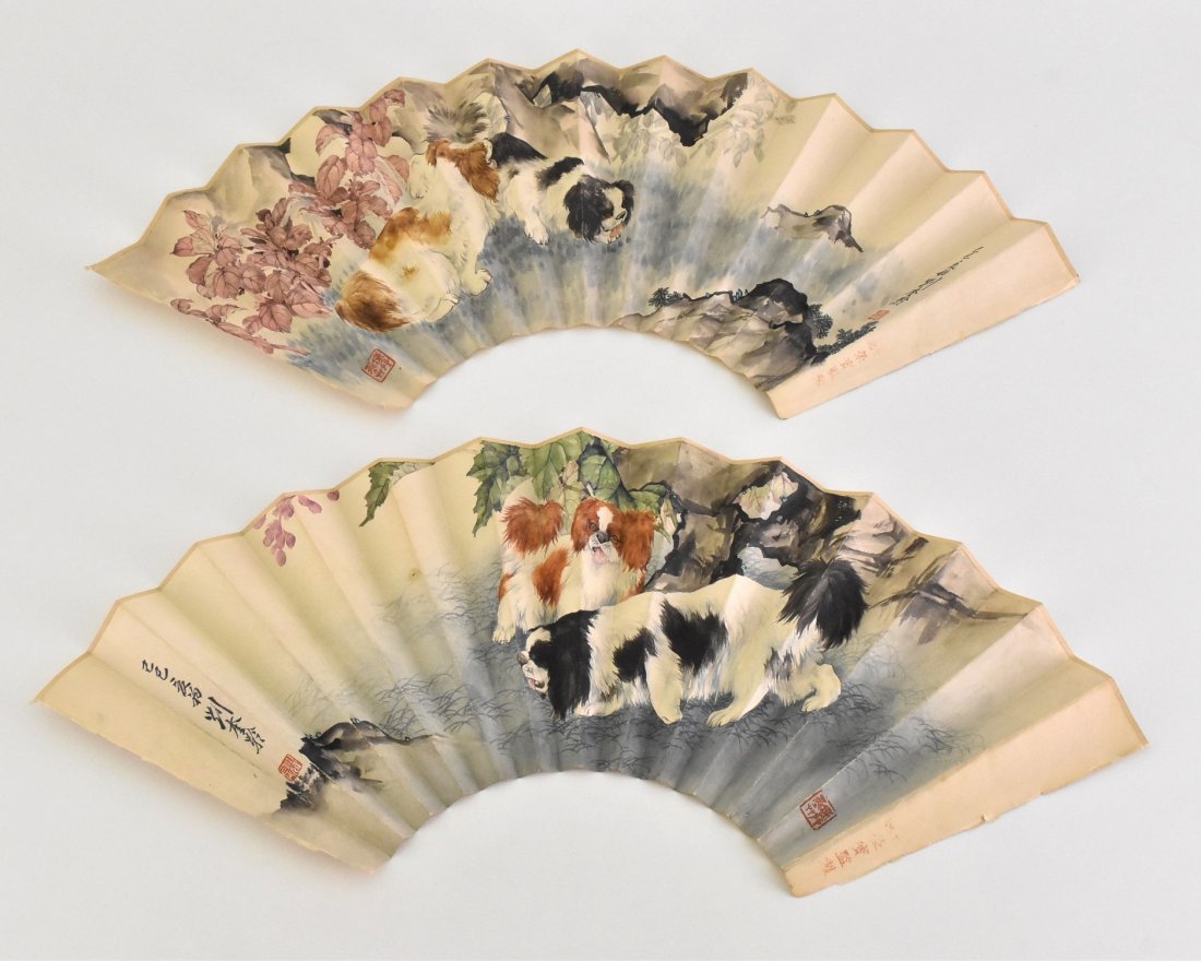 18TH C, SET OF 2 PCS  CHINESE FAN PAINTINGS WITH DOGS (1 of 10)