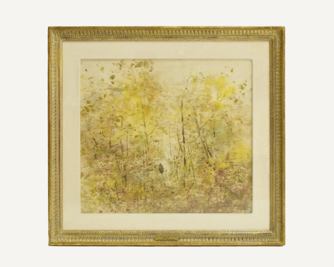CHINESE WATERCOLOR, CHEN CHI 'AUTUMN FOREST' CA. 1968,: Watercolor on paper, (Chinese/American, 1912-2005), CHEN CHI "Autumn Forest"; Signed & Stamped, Framed "Autumn Forest", ca. 1968 Watercolor on paper depicting a figurine in dense of forest trees throu