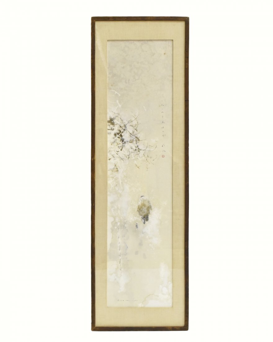 CHINESE WATERCOLOR, CHEN CHI "WINTER"; CA 1968, SIGNED: Watercolor on paper, (Chinese/American, 1912-2005), CHEN CHI "Winter"; Signed & Stamped, Framed "winter", ca. 1968 Watercolor on paper depicting a figure in dense of forest trees through branches with