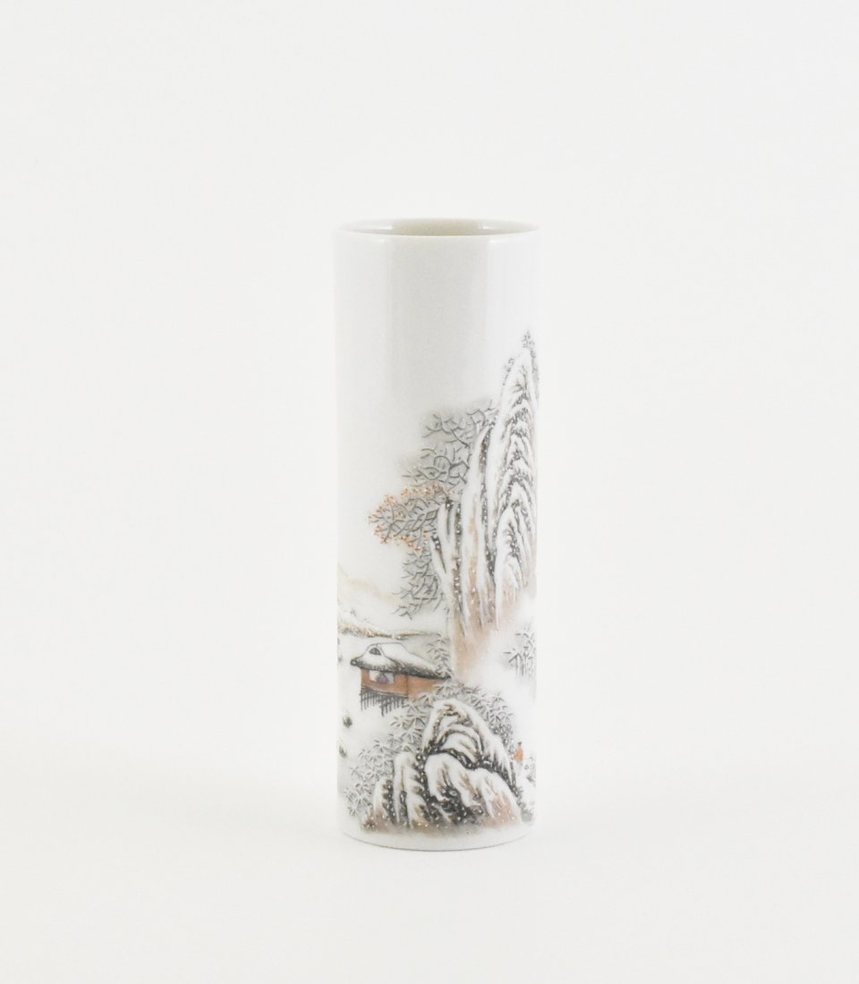 20TH C. GRAISSELE CYLINDRICAL PORCELAIN BRUSH POT: Of a straight cylindrical shaped hollow body, with slightly concaved base. The exterior decorated in polychrome hand painting in detail depicted a snowy winter panoramic of waterside within misty moun