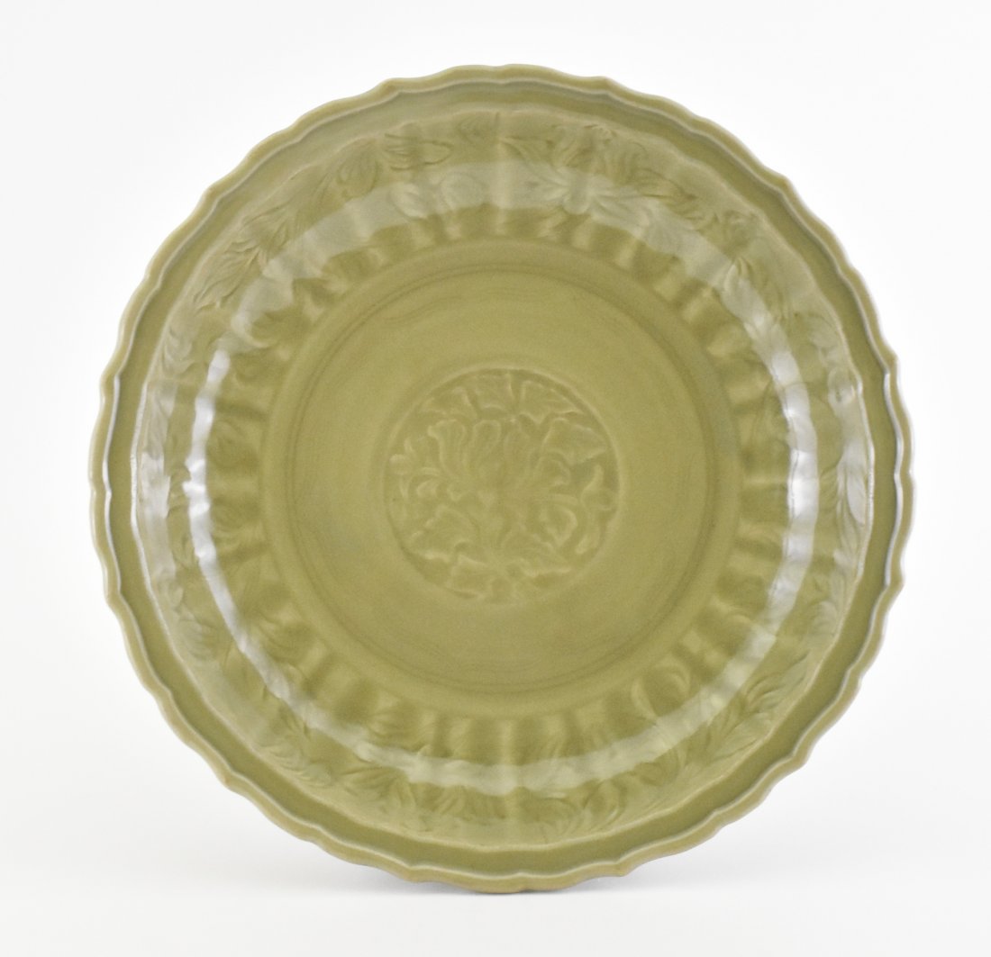 MING 'PEONY' LONGQUAN CELADON BARBED-RIM CHARGER (1 of 9)