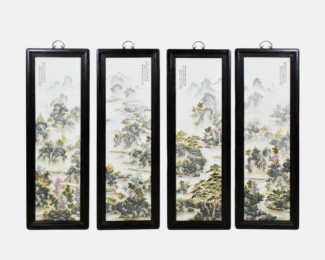 SET OF FOUR FRAMED CHINESE PORCELAIN PAINTINGS (1 of 10)