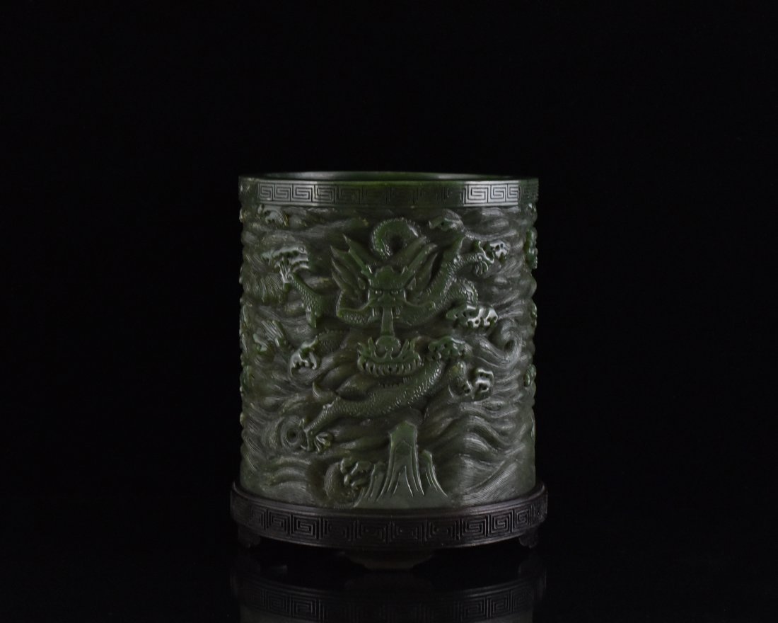 CHINESE SPINACH-GREEN JADE DRAGON BRUSH POT (1 of 10)