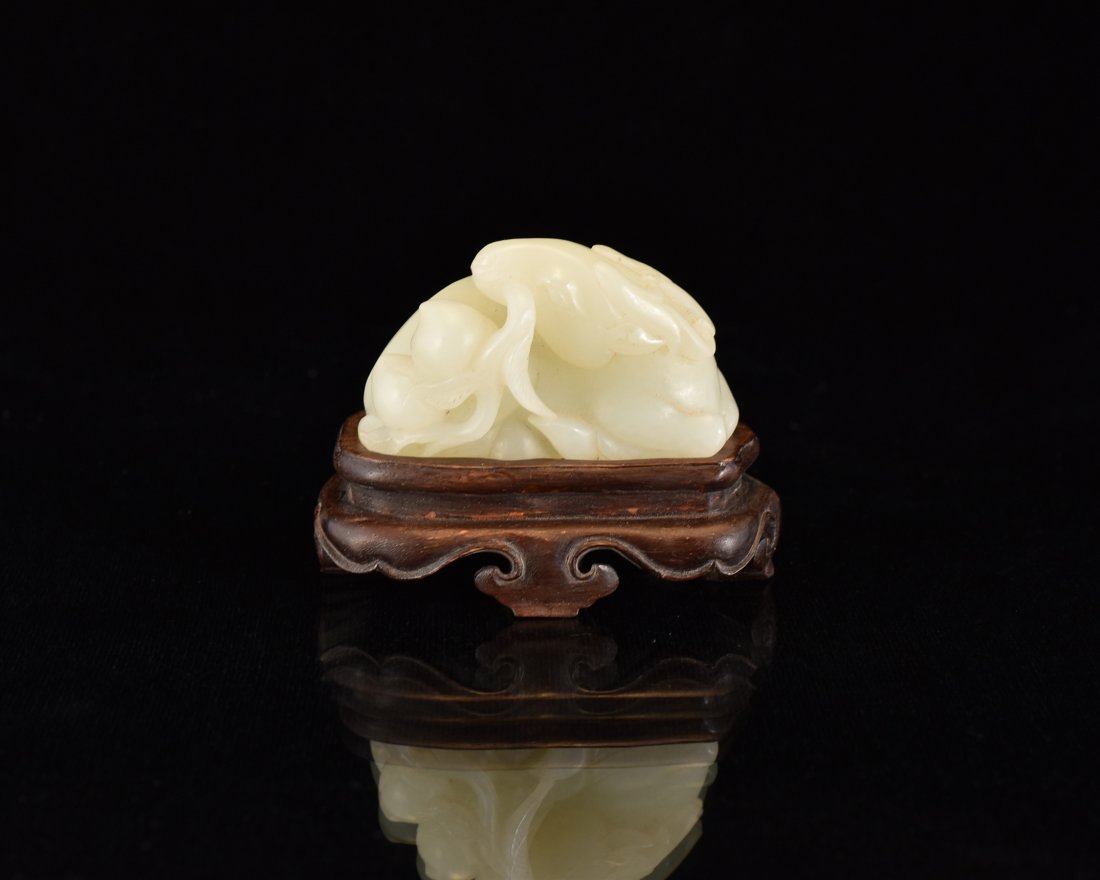 CARVED WHITE JADE OF DEER WITH PEACH & BAT ON STAND (1 of 10)