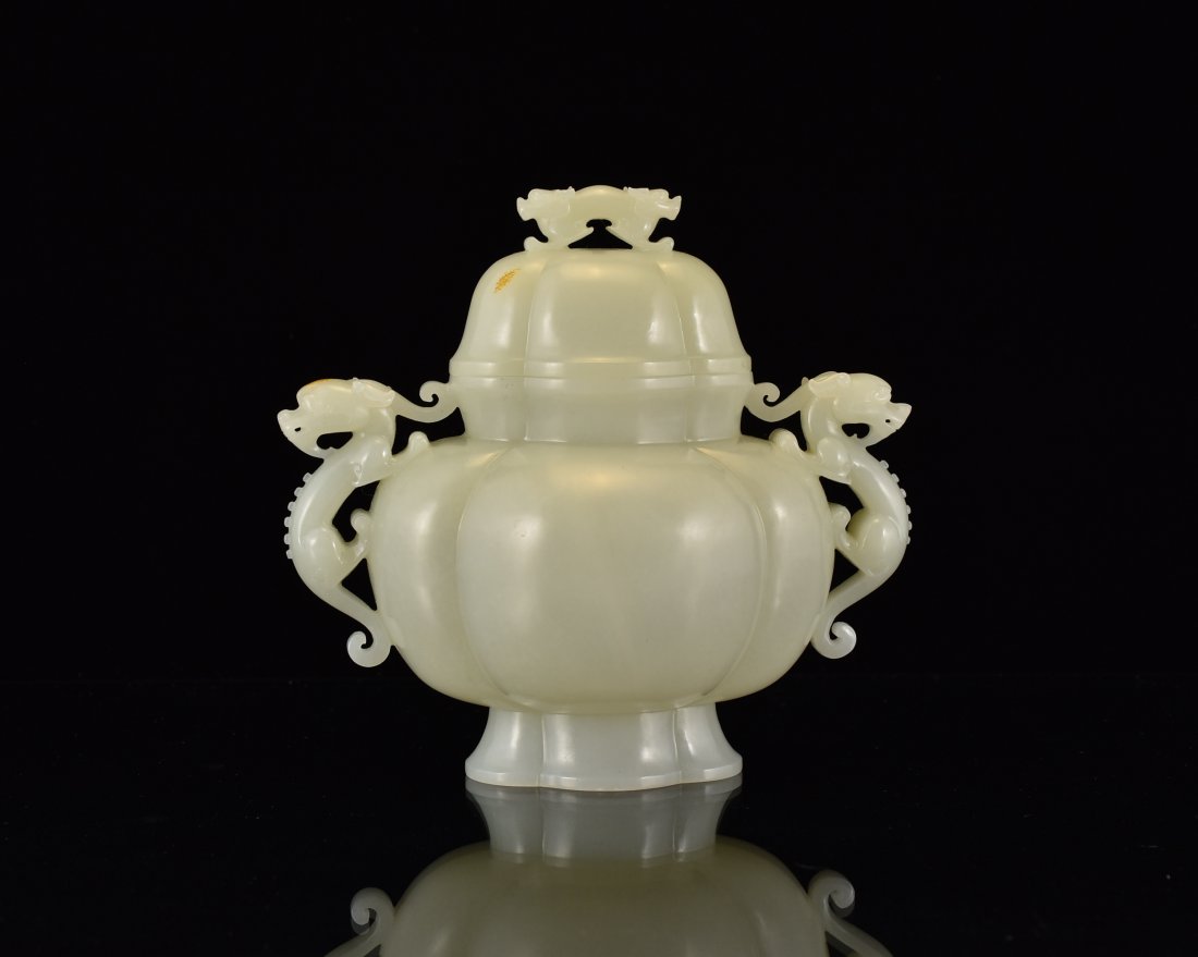 CHINESE CELADON JADE COVERED CENSER IN LOBED BODY (1 of 9)