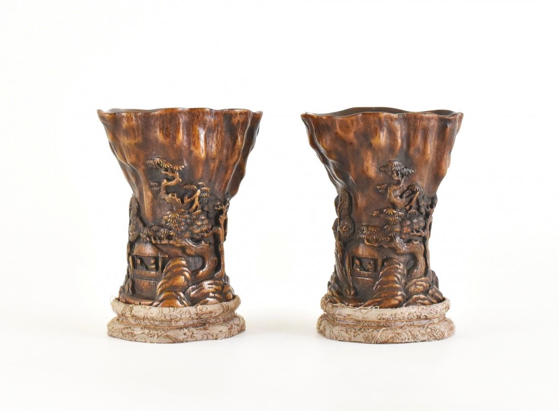 PAIR OF CARVED CHENXIANG WOOD LIBATION CUPS ON STAND (1 of 10)