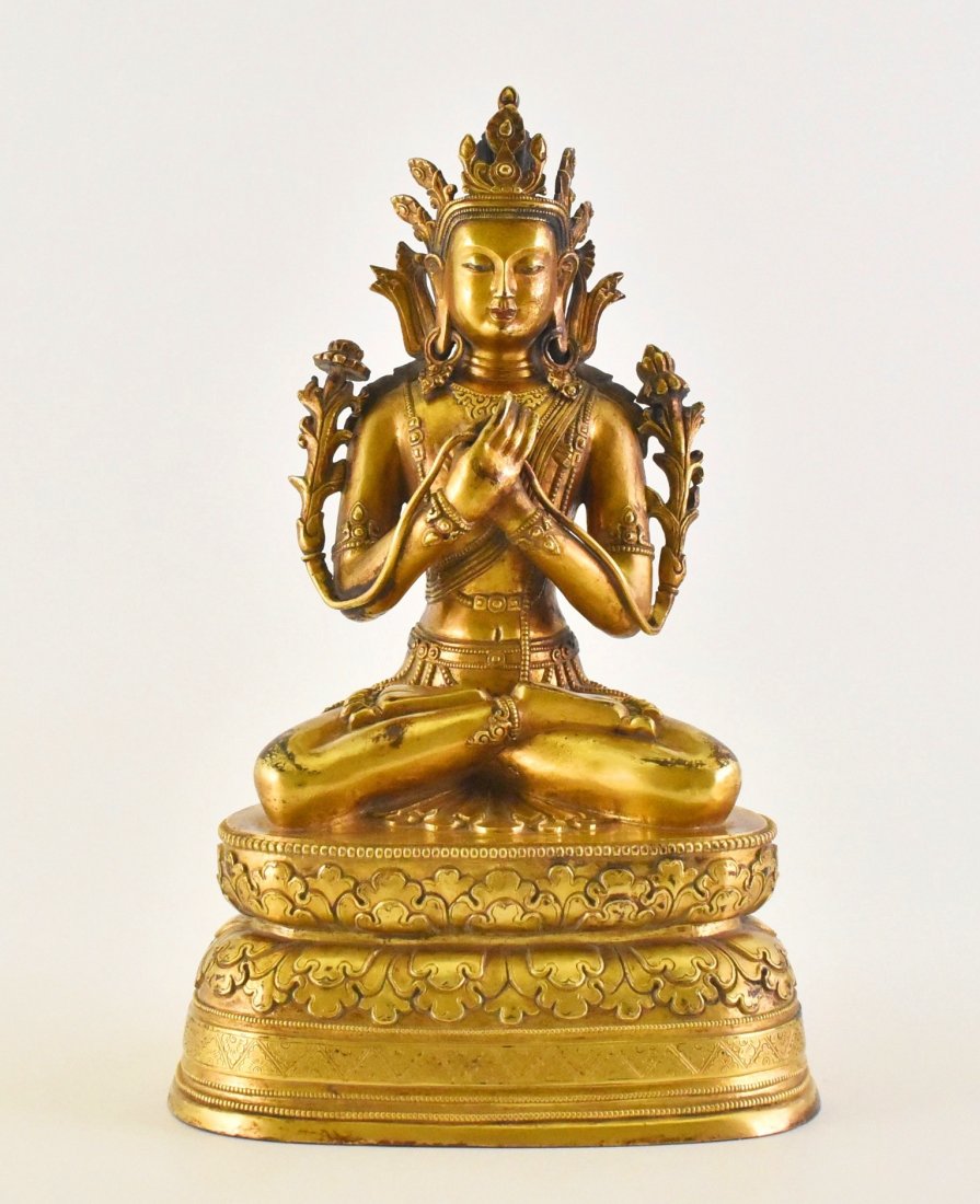 CHINESE GILT BRONZE BUDDHA HOLDING FLORAL ORNATE (1 of 10)